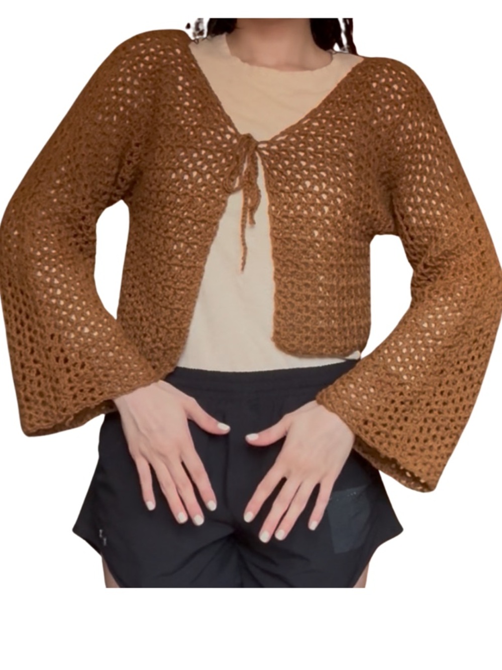 Open-Knit Tie-Front Cropped Sweater Cardigan - Brown